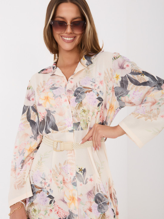 Rochie bej evazată cu imprimeu floral