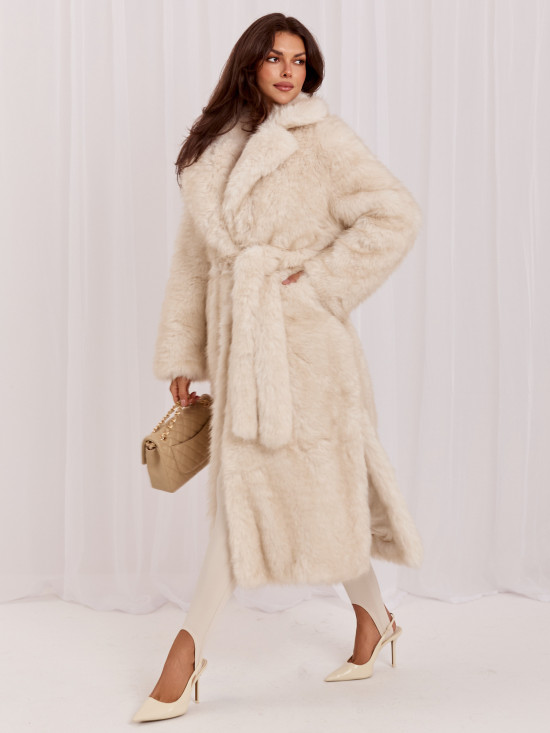 Palton elegant lung bej cu curea și căptușeală