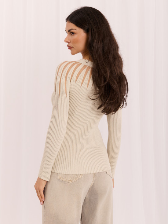 Pulover elegant bej cu decolteu rotund