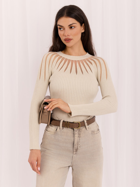 Pulover elegant bej cu decolteu rotund