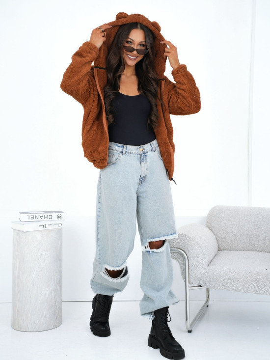 Hanorac bej cu glugă și fermoar