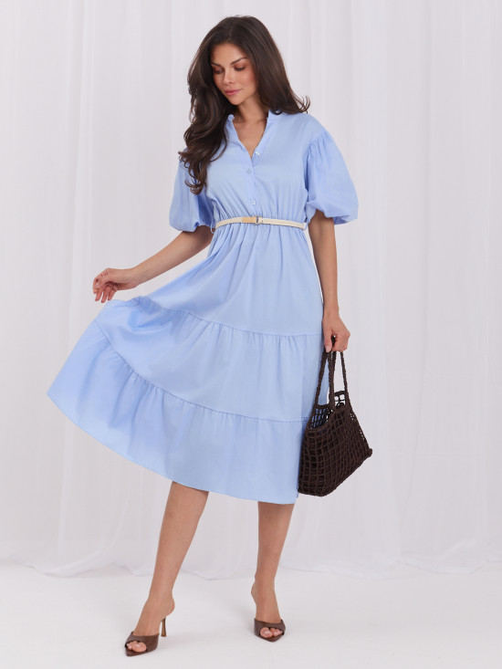 Rochie midi evazată bleu cu curea și volan