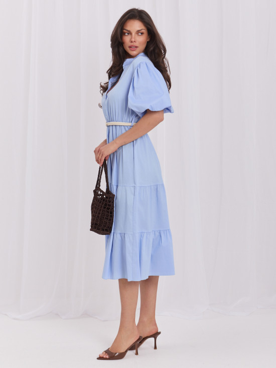 Rochie midi evazată bleu cu curea și volan