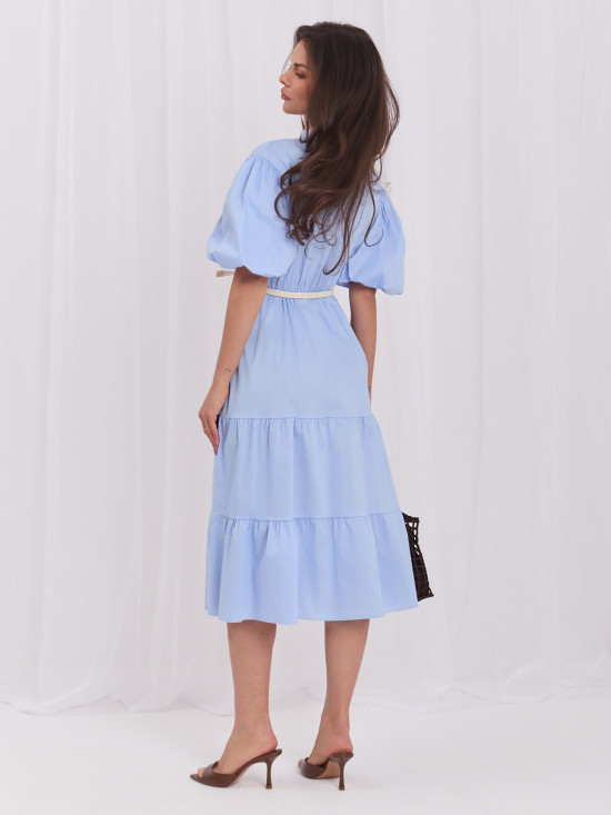 Rochie midi evazată bleu cu curea și volan