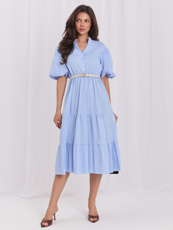 Rochie midi evazată bleu cu curea și volan