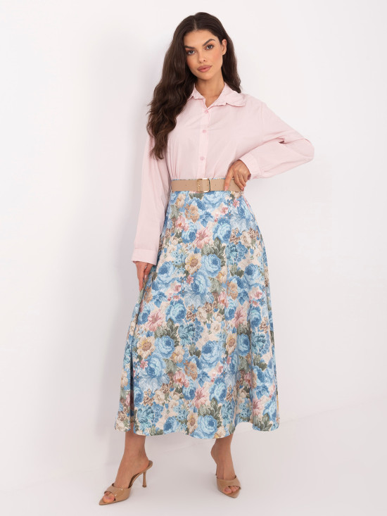 Fustă midi elegantă cu imprimeu floral și curea, albastră