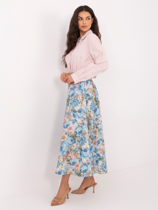 Fustă midi elegantă cu imprimeu floral și curea, albastră