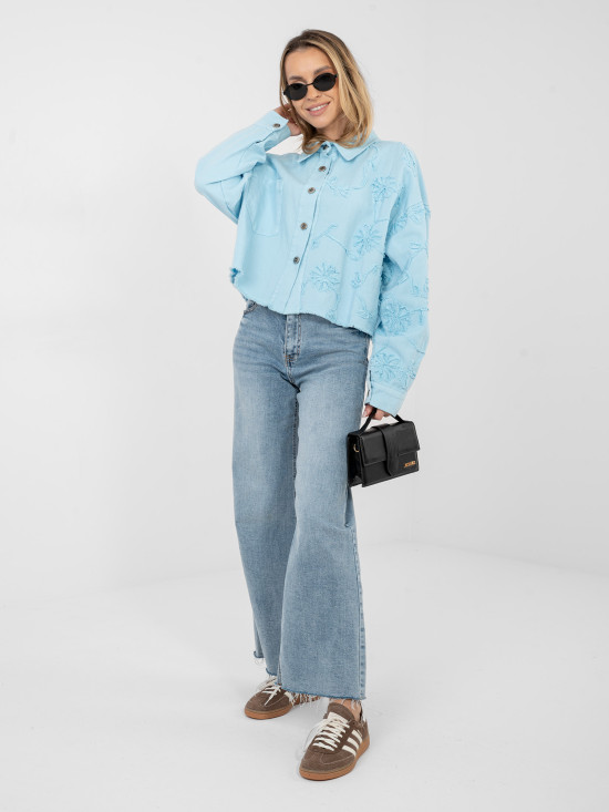Geacă scurtă din denim albastru deschis cu aplicație florală