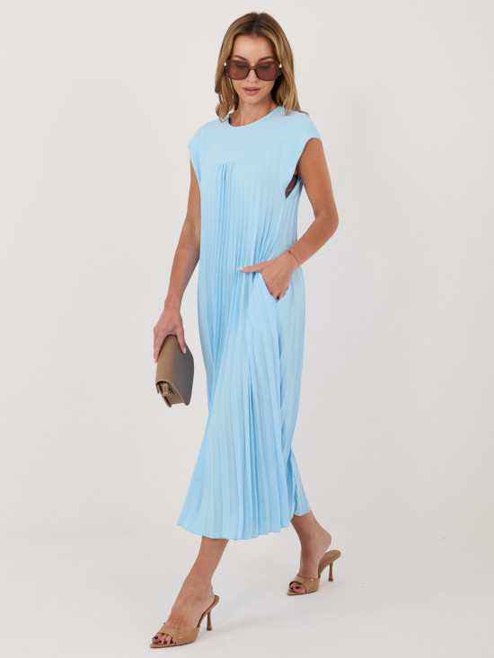 Rochie midi cocktail albastră cu buzunare
