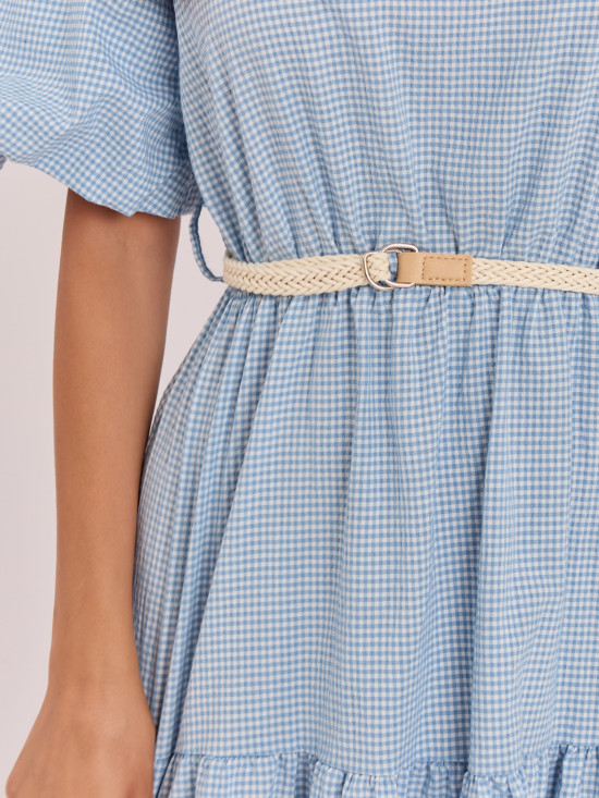 Rochie midi bleu cu curea și volan
