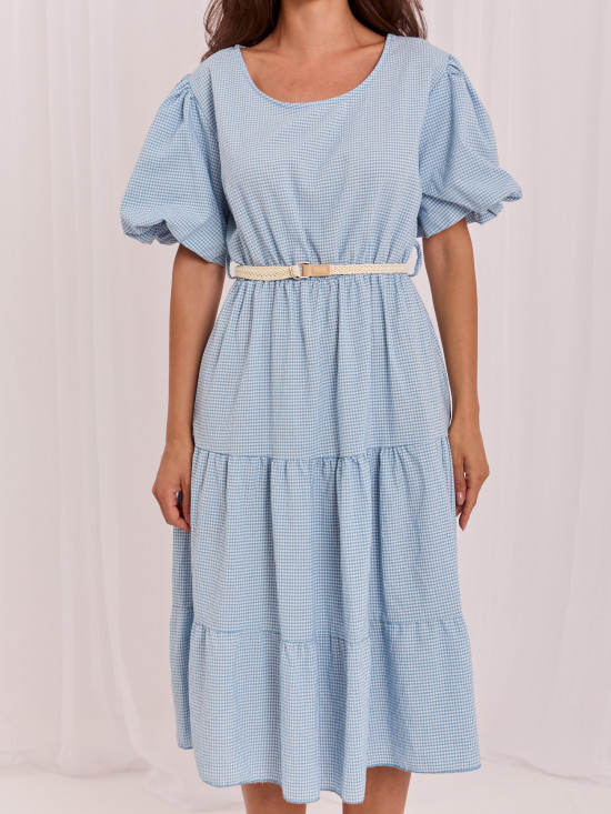Rochie midi bleu cu curea și volan