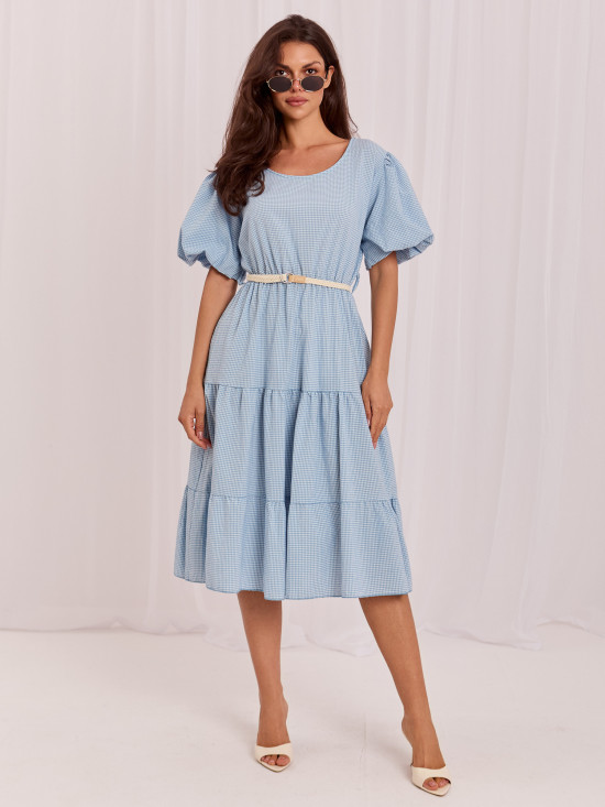 Rochie midi bleu cu curea și volan