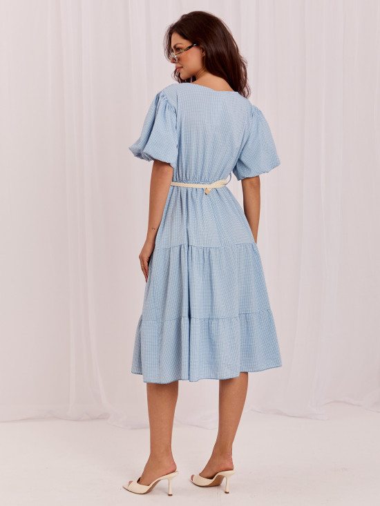 Rochie midi bleu cu curea și volan