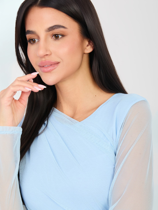 Body elegant albastru cu mâneci lungi și decolteu rotund