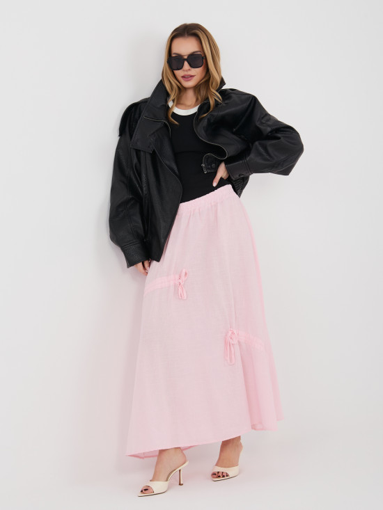Fustă midi roz deschis cu cordon