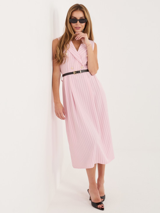 Rochie midi roz elegantă cu curea și guler