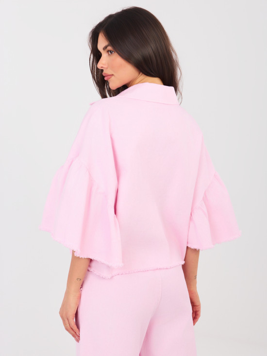 Jachetă scurtă roz din denim cu volan