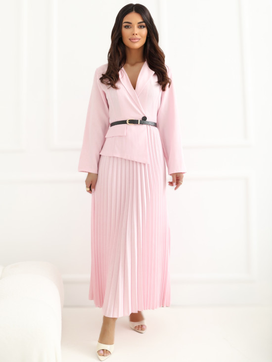 Rochie midi elegantă evazată cu curea și guler, roz