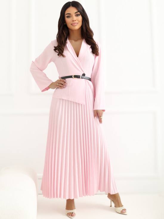 Rochie midi elegantă evazată cu curea și guler, roz