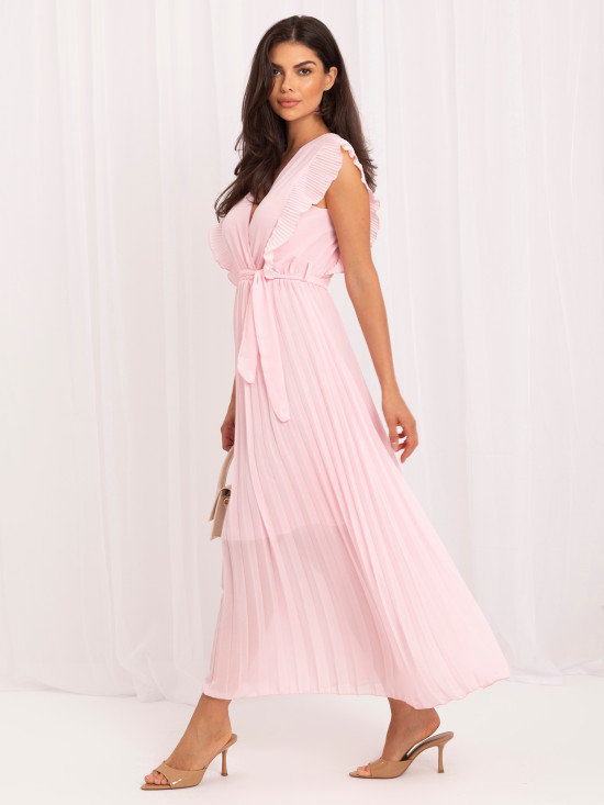 Rochie midi evazată roz deschis cu curea