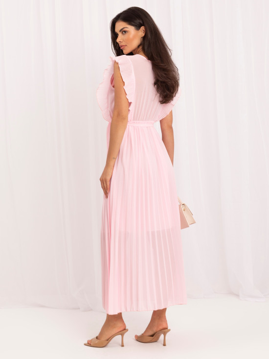 Rochie midi evazată roz deschis cu curea