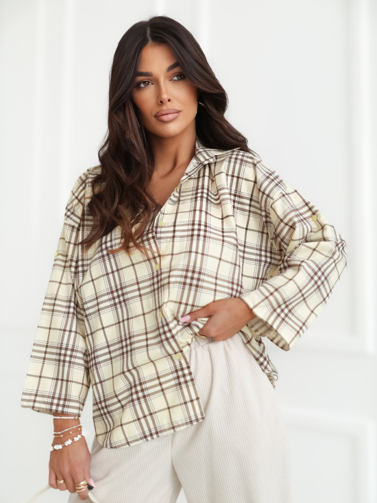 Cămașă galben deschis cu model în carouri și mâneci 7/8