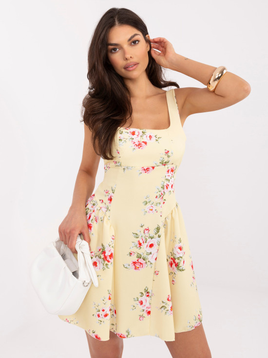 Rochie mini galbenă evazată cu model floral