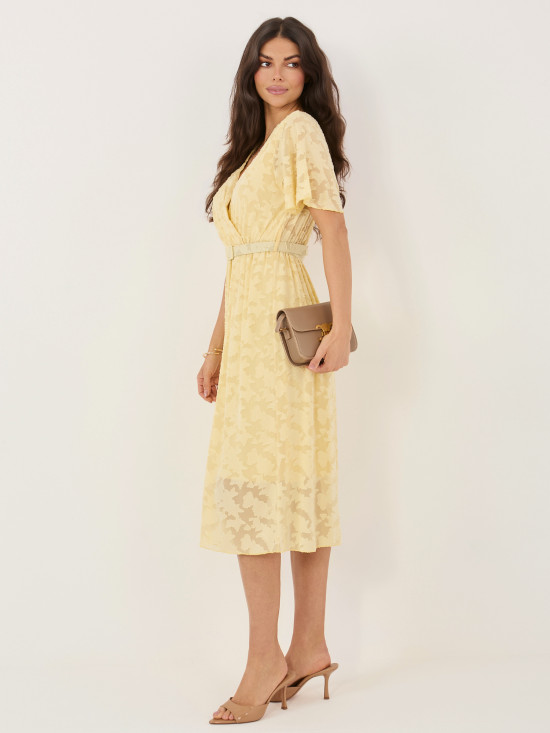 Rochie midi galbenă evazată cu curea