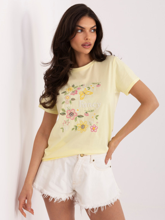 Tricou galben cu aplicație și broderie