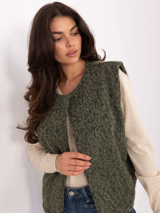 Vestă tricotată khaki cu buzunare, stil casual