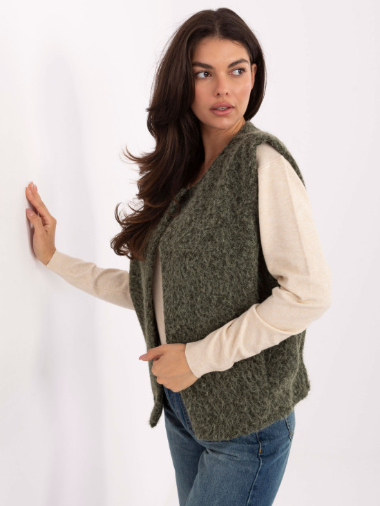 Vestă tricotată khaki cu buzunare, stil casual