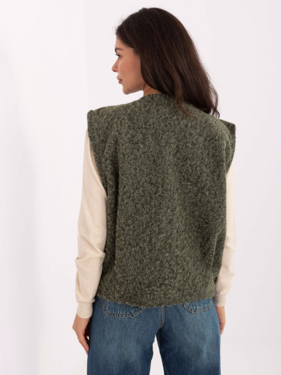 Vestă tricotată khaki cu buzunare, stil casual