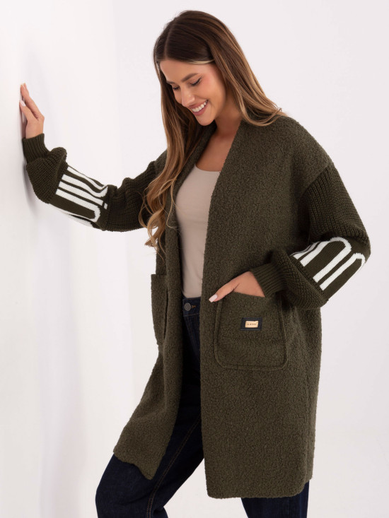 Cardigan khaki stilat cu buzunare și mâneci bufante