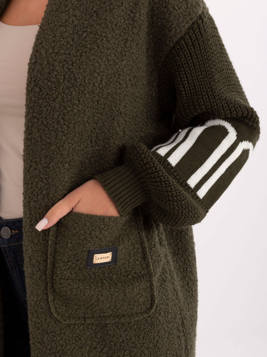 Cardigan khaki stilat cu buzunare și mâneci bufante