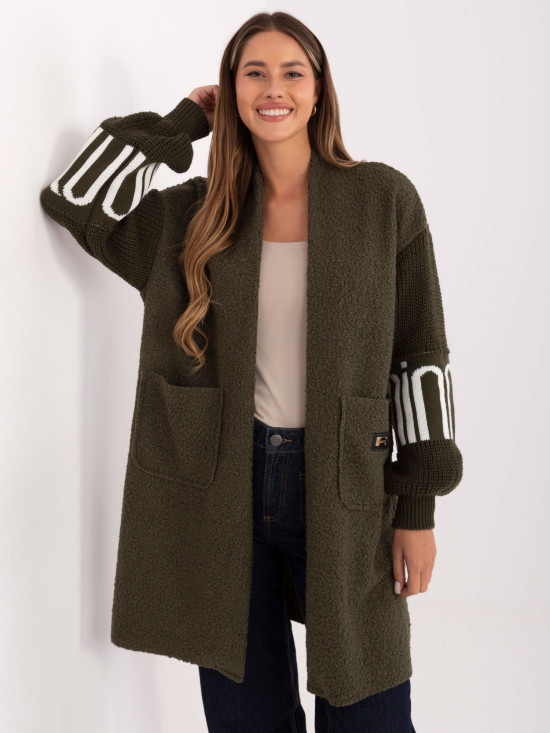 Cardigan khaki stilat cu buzunare și mâneci bufante