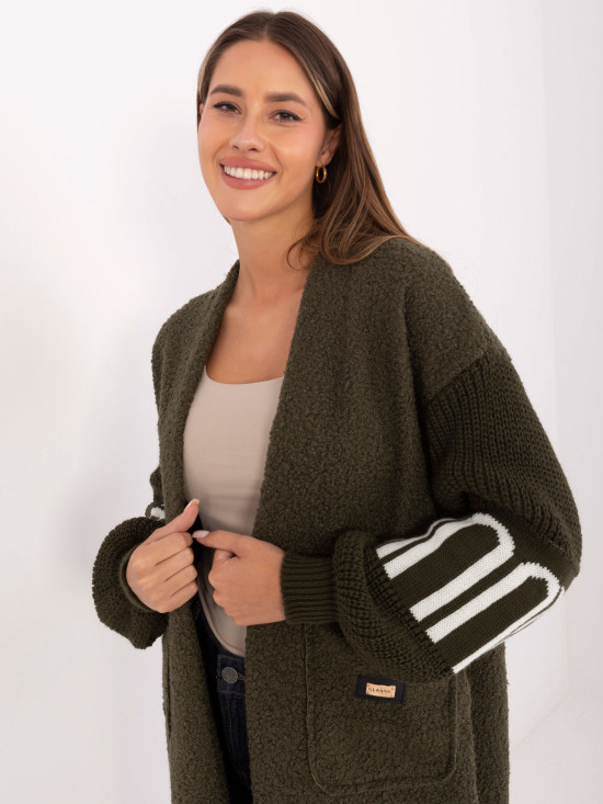 Cardigan khaki stilat cu buzunare și mâneci bufante