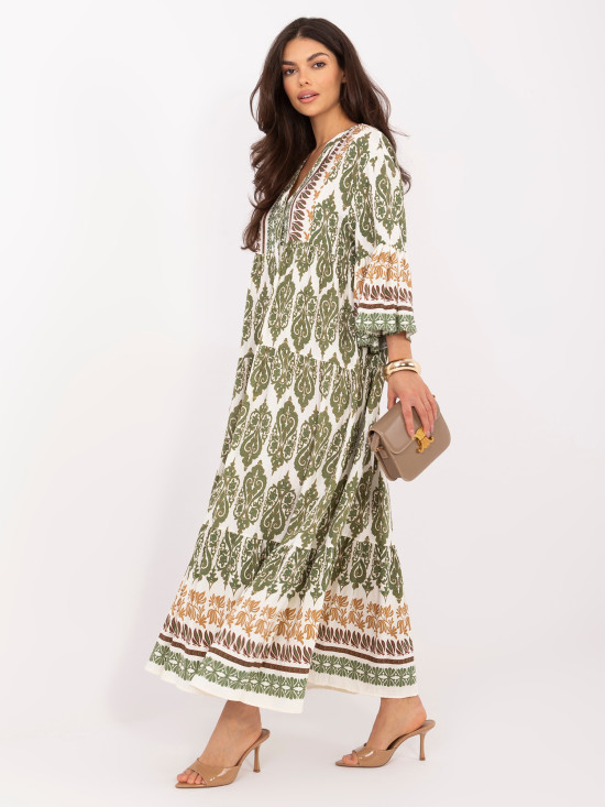 Rochie maxi khaki cu imprimeu și mâneci 3/4