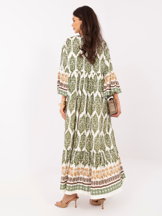 Rochie maxi khaki cu imprimeu și mâneci 3/4