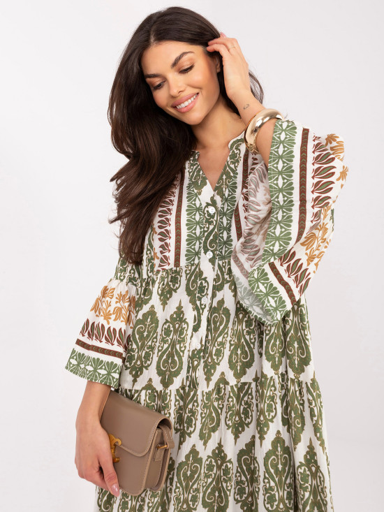 Rochie maxi khaki cu imprimeu și mâneci 3/4