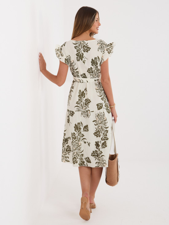 Rochie midi khaki cu imprimeu și curea