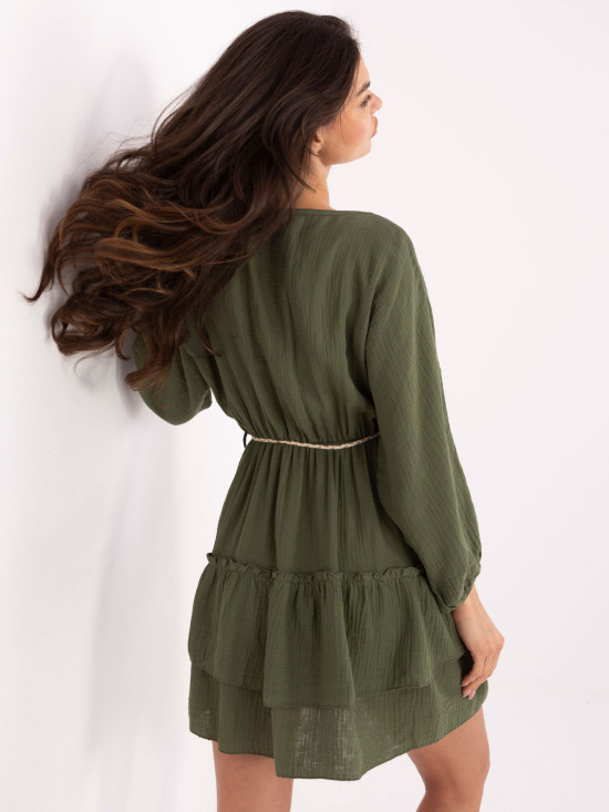 Rochie khaki cu fustă evazată și mâneci lungi