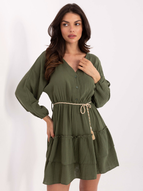 Rochie khaki cu fustă evazată și mâneci lungi