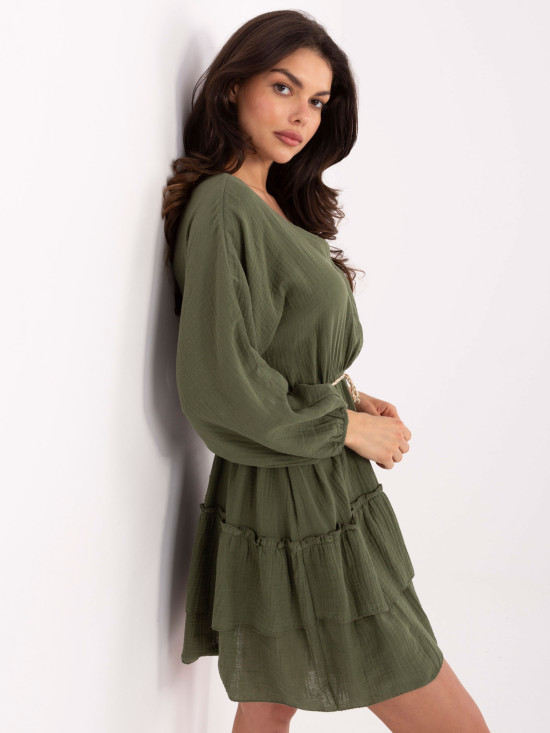 Rochie khaki cu fustă evazată și mâneci lungi