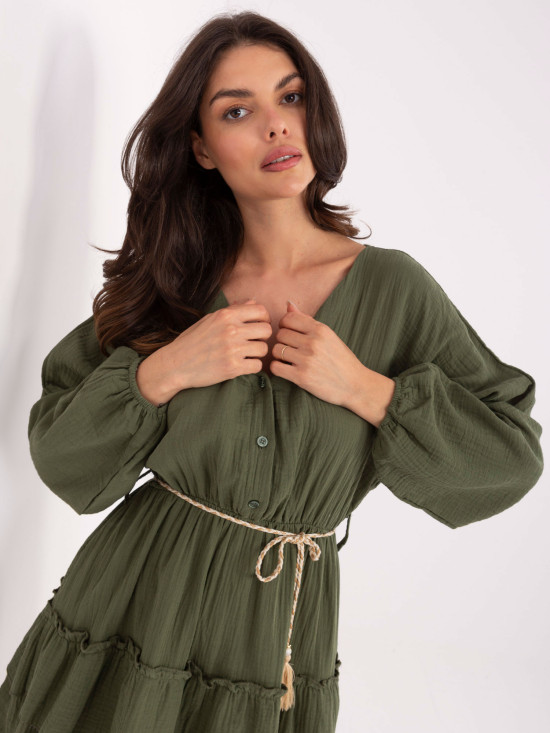 Rochie khaki cu fustă evazată și mâneci lungi