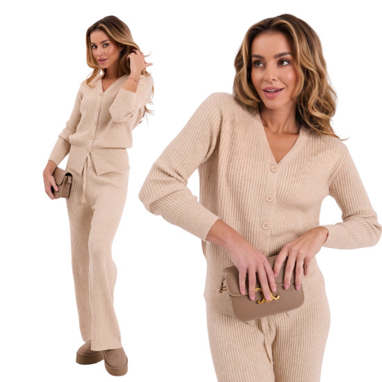 Set bej cu cardigan și pantaloni largi