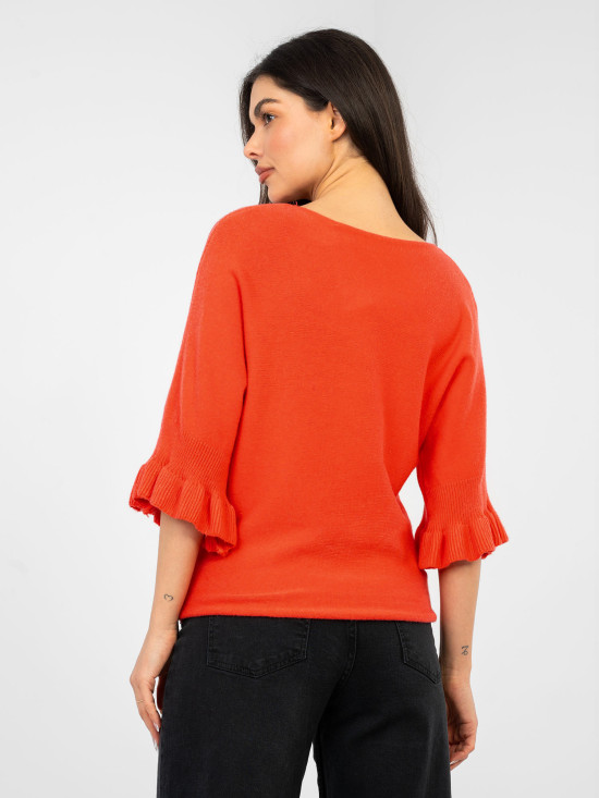 Pulover elegant corai cu volan și mâneci 3/4