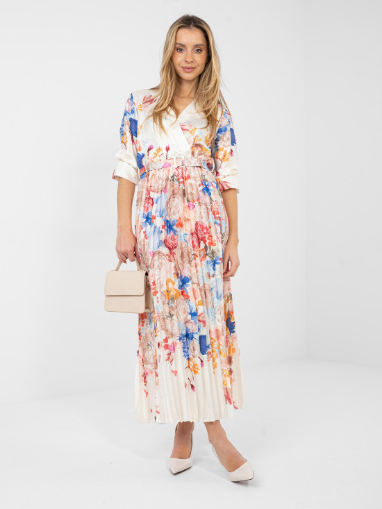 Rochie maxi ecru cu imprimeu floral și curea