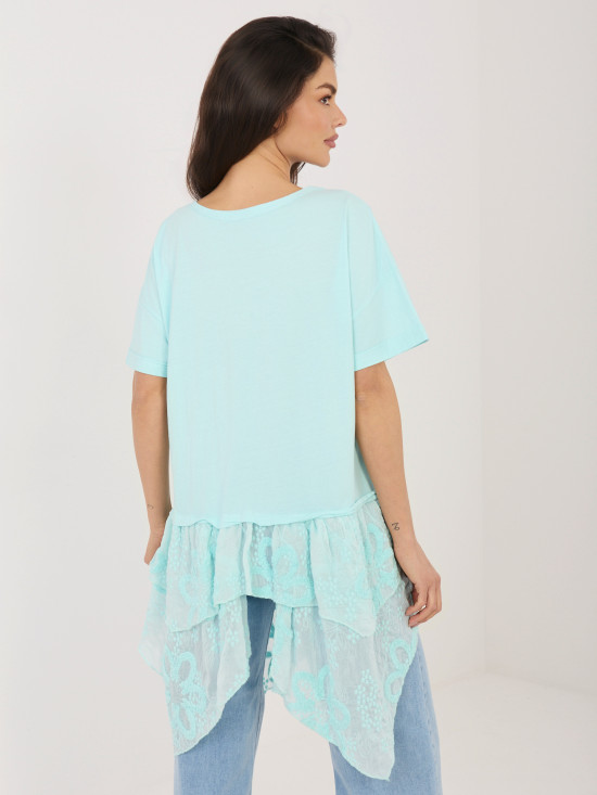 Bluză din bumbac mentă cu volan și broderie