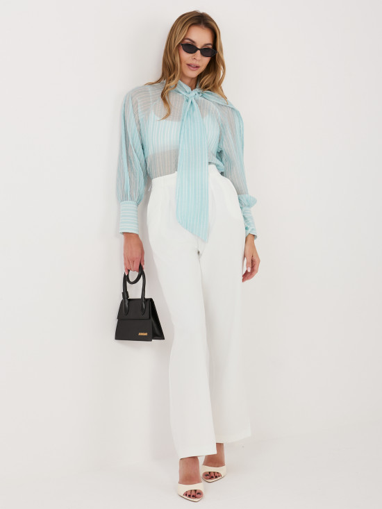 Cămașă verde mentă cu dungi, legare și mâneci bufante