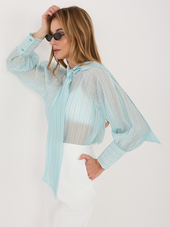 Cămașă verde mentă cu dungi, legare și mâneci bufante